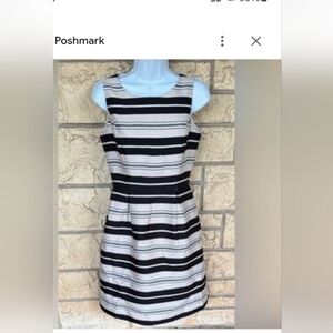 White House Black Market Beige  and White Striped Midi Taffeta Cocktail Dress